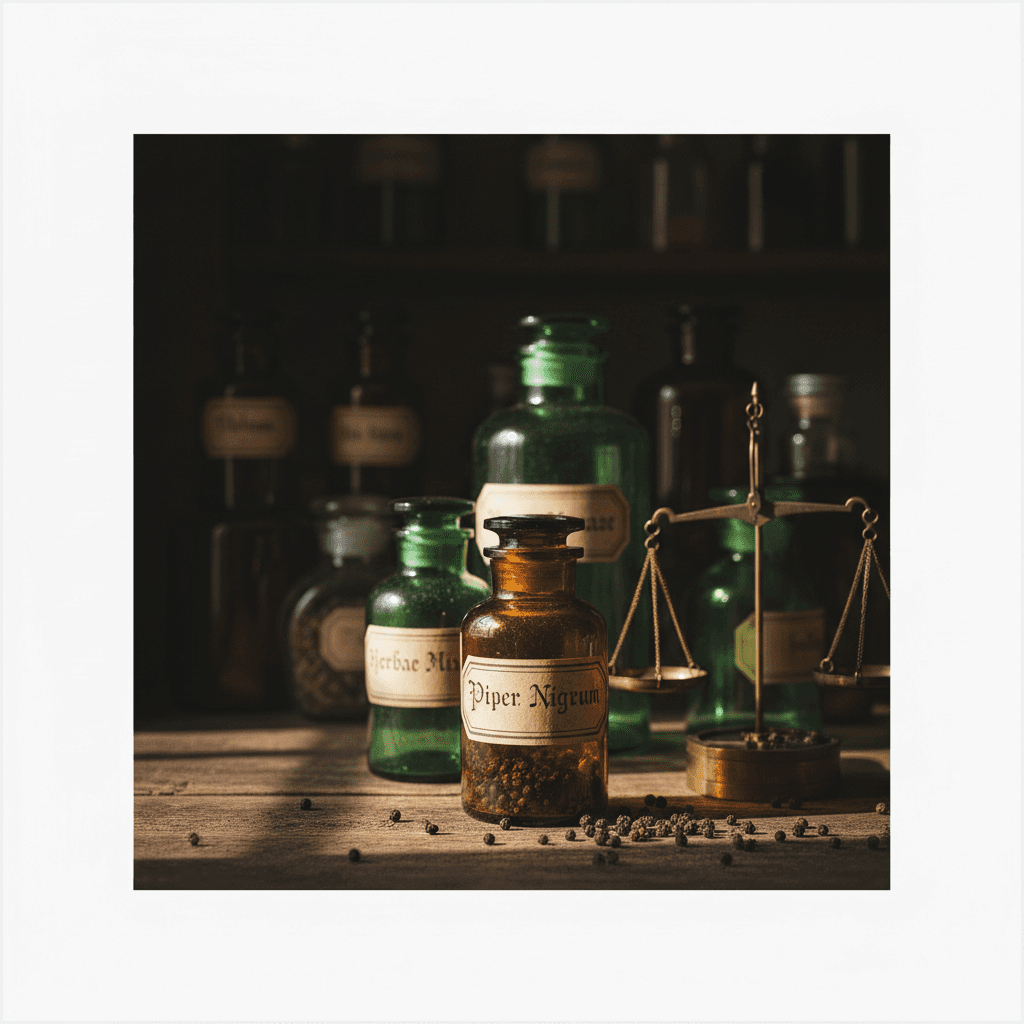 Arranged apothecary jars with labels on a wooden table.