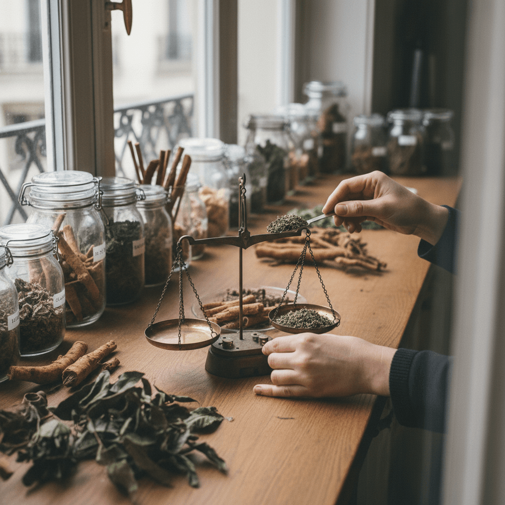 Weighing dried herbs on a brass scale in the preparation area.